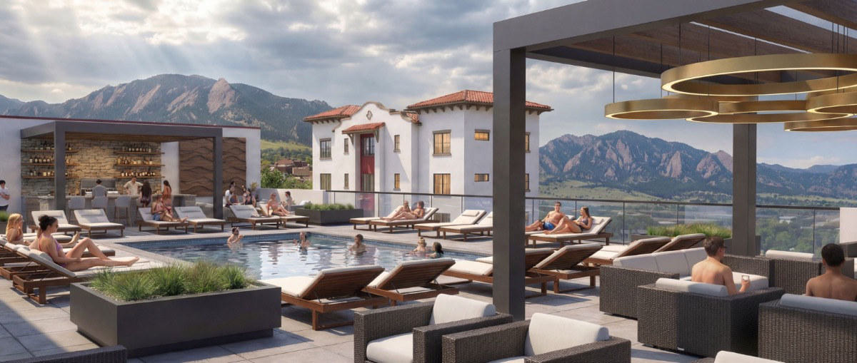 Rooftop pool and amenity deck — illustrative rendering